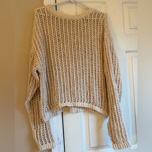 Open-Weave Crewneck Sweater in Light Beige
